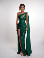Cocoslly One Shoulder Sleeveless High Waist Long Prom Dress With Deep Split | Nude Sequins JZ0150