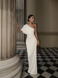 Cocoslly One Shoulder Sleeveless High Waist Long Mermaid Prom Dress With Pleated | White Satin YK1192