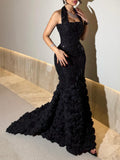 Cocoslly Halter Sleeveless Long Mermaid Prom Dress With Sequins And Flowers | Black Satin CO0082