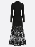 Black Mesh Floral Knit Mock Neck Long Sleeve A-Line Maxi Dress