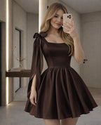 Cocoslly Strapless Sleeveless High Waist Short Prom Dress With Bow | Brown Satin CO0038