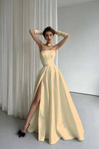 Cocoslly Strapless Sleeveless High Waist Long Prom Dress With Split And Gloves | Black Satin ZT0723