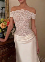 Cocoslly Off-The-Shoulder Sleeveless High Waist Long Prom Dress With Sequins | Ivory Lace And Satin LR0081