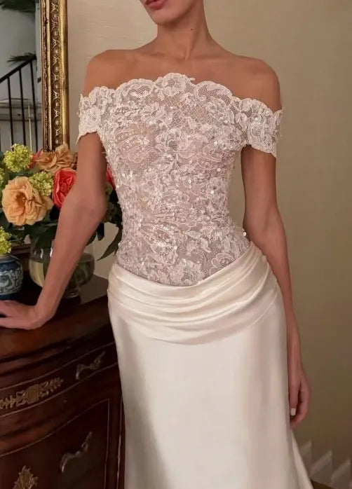 Cocoslly Off-The-Shoulder Sleeveless High Waist Long Prom Dress With Sequins | Ivory Lace And Satin LR0081