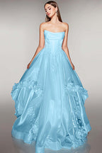 Cocoslly Strapless Sleeveless High Waist Long A Line Prom Dress With Flowers | Pink Satin