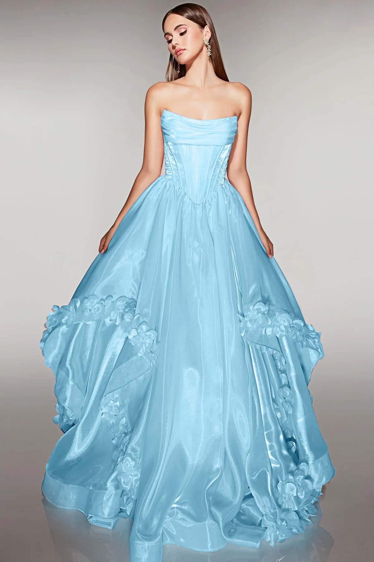 Cocoslly Strapless Sleeveless High Waist Long A Line Prom Dress With Flowers | Pink Satin