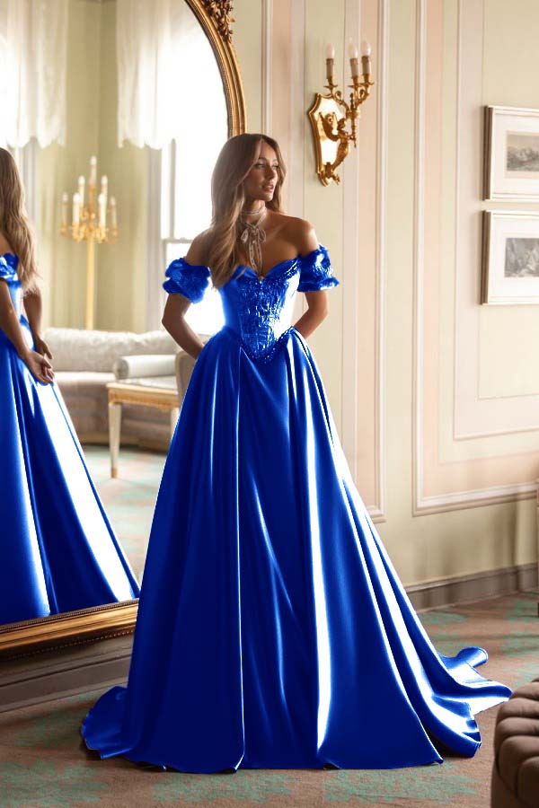 Satin V-Neck Off-The-Shoulder Short Sleeves Long A-Line Prom Dress With Embroidered And Pleated WQ0422
