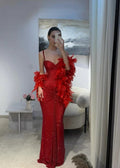 Cocoslly Spaghetti Straps Sleeveless Long Pleated Mermaid Prom Dress With Feathers | Red Sequins CO0137