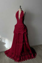 Lace And Tulle Halter Neck Strapless Sleeveless Long Mermaid Prom Dress With Pleated WQ0665