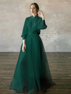 Cocoslly High Neck Long Sleeves High Waist Long Prom Dress | Blushing Pink Tulle LR0409