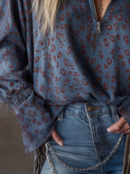 Western-style Casual Leopard Print Blue Faux Suede Shirt