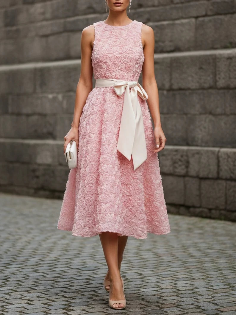 Pink 3D Floral Bow Crew Neck A-Line Midi Dress With Pockets