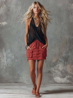 Retro Casual Workwear Style Red Cotton Short Skirt