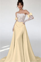 Cocoslly Strapless Sleeveless High Waist Long Mermaid Prom Dress With Long Sleeves And Lace | Blushing Pink Satin