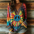 Women's Peace Tie-dye Ethnic Art Pattern Casual Long-sleeve V-neck T-shirt