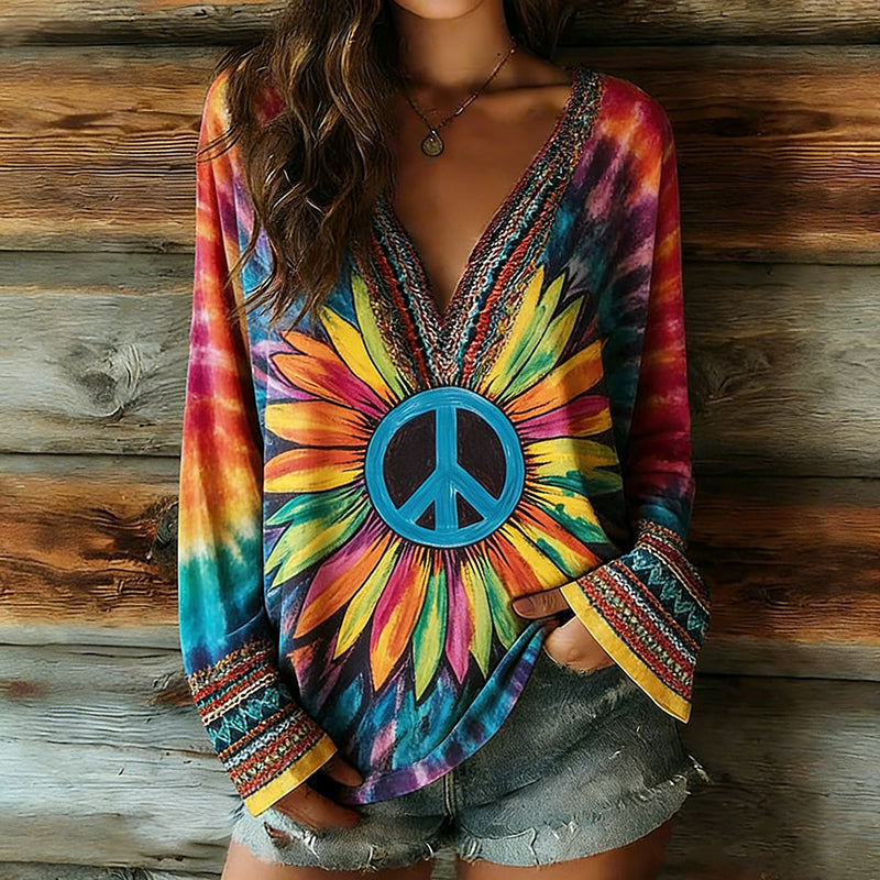 Women's Peace Tie-dye Ethnic Art Pattern Casual Long-sleeve V-neck T-shirt