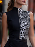 Leopard Print Contrast Zip-Front Sleeveless Top