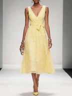 Light Pink Bow Embroidery Classic V Neck Sleeveless A-Line Midi Dress With Pockets