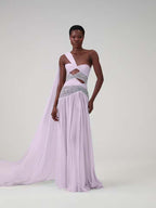 Cocoslly One Shoudler Sleeveless High Waist Long Prom Dress With Rhinstone | Ice White Chiffon YK1281