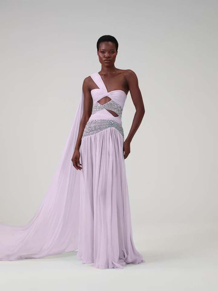 Cocoslly One Shoudler Sleeveless High Waist Long Prom Dress With Rhinstone | Ice White Chiffon YK1281