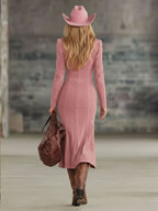 Lapel Collar Zip-up Side-slit Embroidered Faux Suede Long-sleeved Midi Dress