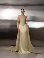 Satin Strapless Sleeveless Long Mermaid Prom Dress With Ruffles And Sequins YK0759