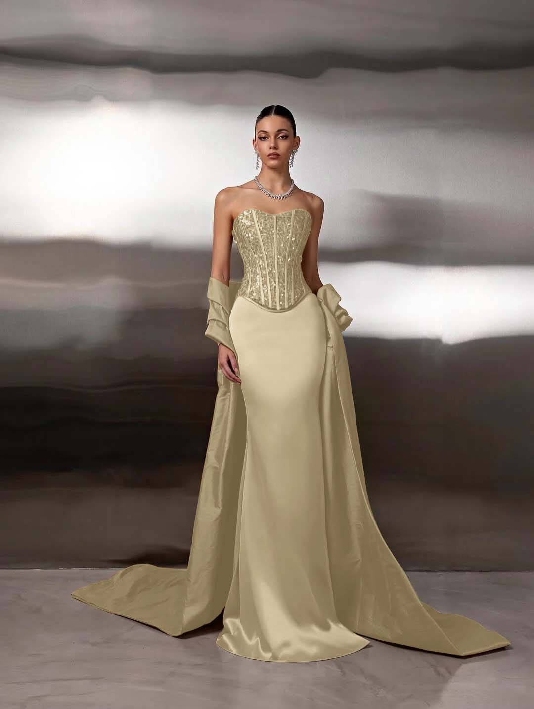 Satin Strapless Sleeveless Long Mermaid Prom Dress With Ruffles And Sequins YK0759