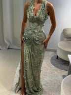 Cocoslly Halter Sleeveless Pleated Long Mermaid Split Prom Dress With Embroidered Appliqué | Dusty Sage Green Lace CO0014