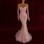 Cocoslly Strapless Sleeveless High Waist Long Mermaid Prom Dress With Rhinstone And Gloves | Smoky Silver Sequins WQ0579