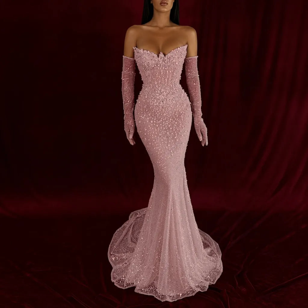 Cocoslly Strapless Sleeveless High Waist Long Mermaid Prom Dress With Rhinstone And Gloves | Smoky Silver Sequins WQ0579