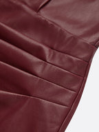 Burgundy Faux Leather Lace Ruched Classic Boat Neck Sleeveless Shift Midi Dress
