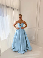 Satin V-Neck Strapless Sleeveless Long A-Line Prom Dress With Pleated And Rhinstone YK0706
