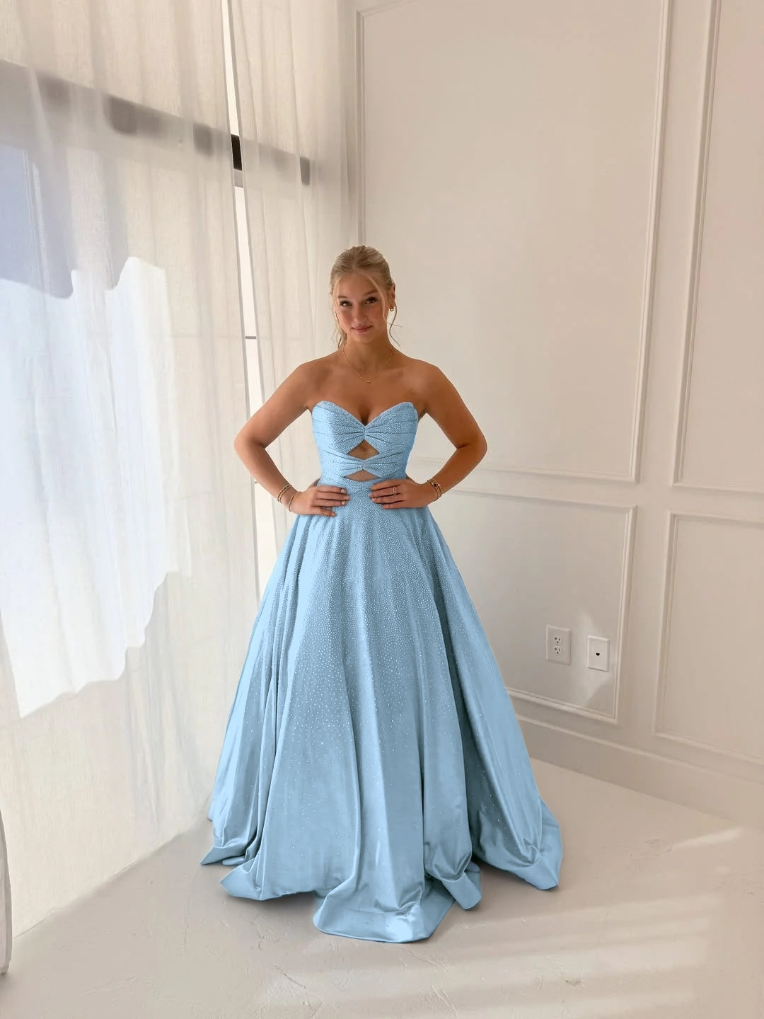 Satin V-Neck Strapless Sleeveless Long A-Line Prom Dress With Pleated And Rhinstone YK0706