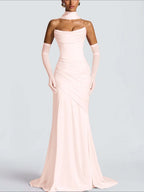 Strapless Sleeveless Long Pleated Mermaid Prom Dress With Ruffles And Gloves YK0718