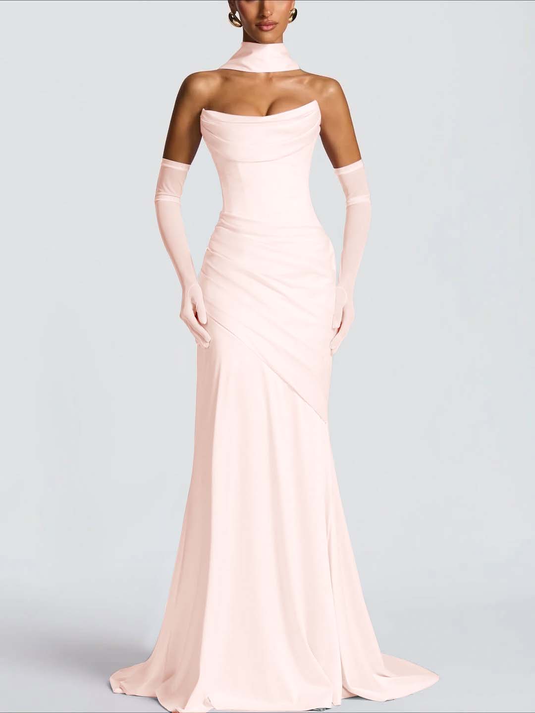 Strapless Sleeveless Long Pleated Mermaid Prom Dress With Ruffles And Gloves YK0718
