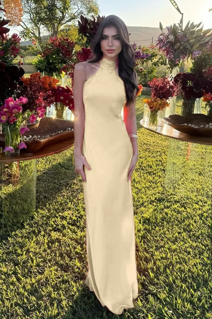 Cocoslly High Neck Sleeveless High Waist Long Mermaid Prom Dress | Fuchsia Satin XJ0757