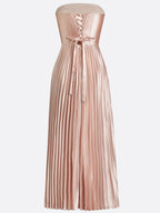 Rose Gold Pink Pleated Satin Strapless Sleeveless A-Line Midi Dress