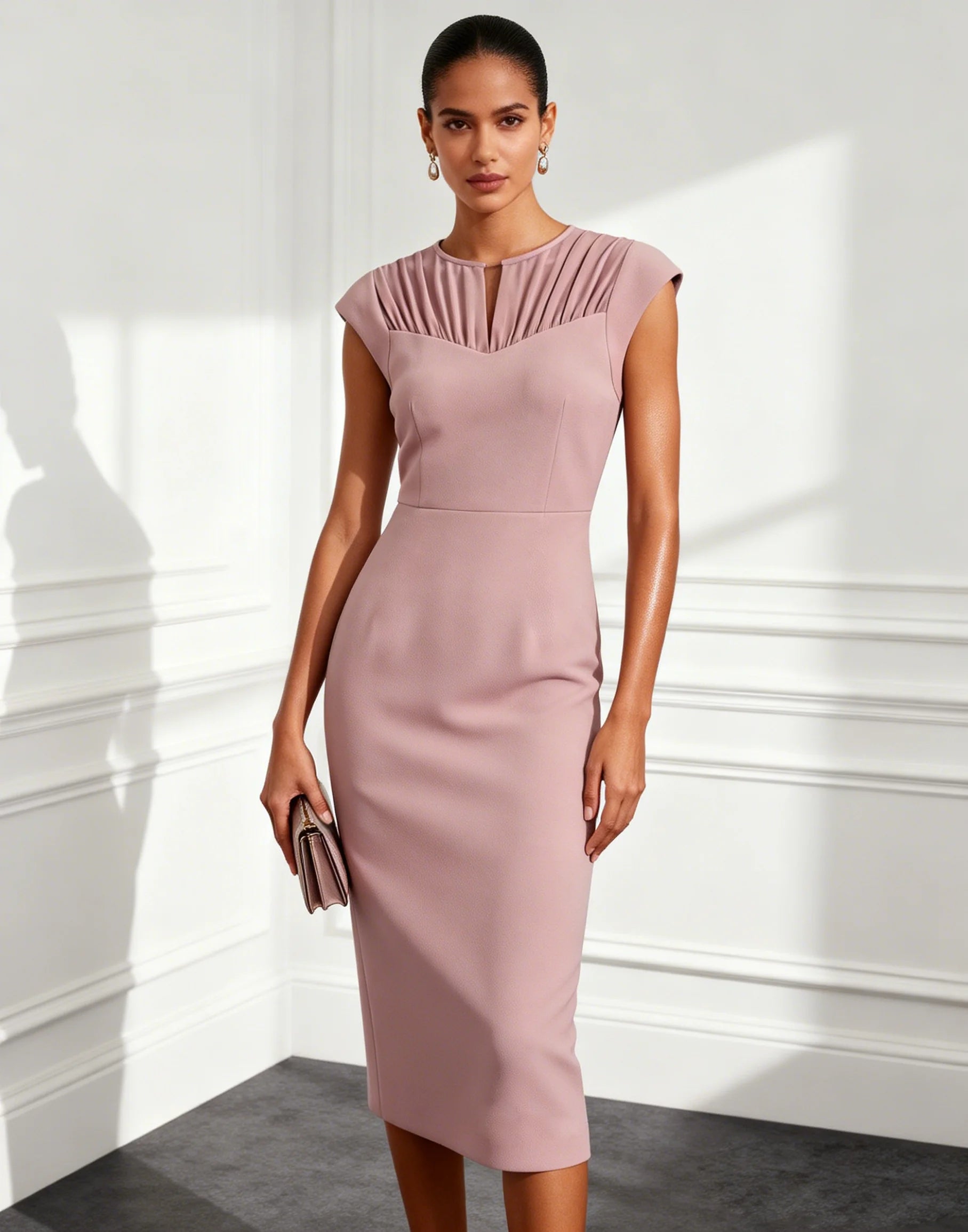 Pink Ruched Classic Crew Neck Cap Sleeve Sheath Midi Dress