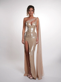 Cocoslly One Shoulder Sleeveless High Waist Long Prom Dress With Deep Split | Nude Sequins JZ0150