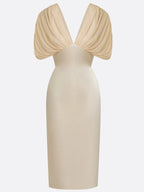 Champagne Ruched Satin V Neck Short Sleeve Raglan Sleeves Sheath Midi Dress