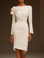 Cream White Bow Long Sleeve Sheath Midi Dress
