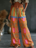 Women's Retro Colorful Patchwork Art Print Flowy Linen Blend Casual Pants