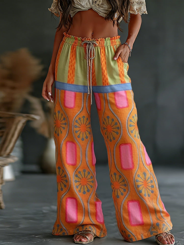 Women's Retro Colorful Patchwork Art Print Flowy Linen Blend Casual Pants