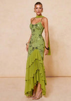 Cocoslly Spaghetti Straps Sleeveless High Waist Long Prom Dress With Ruffles And Sequins | Sage Chiffon LR0491