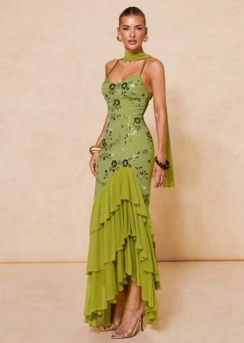 Cocoslly Spaghetti Straps Sleeveless High Waist Long Prom Dress With Ruffles And Sequins | Sage Chiffon LR0491