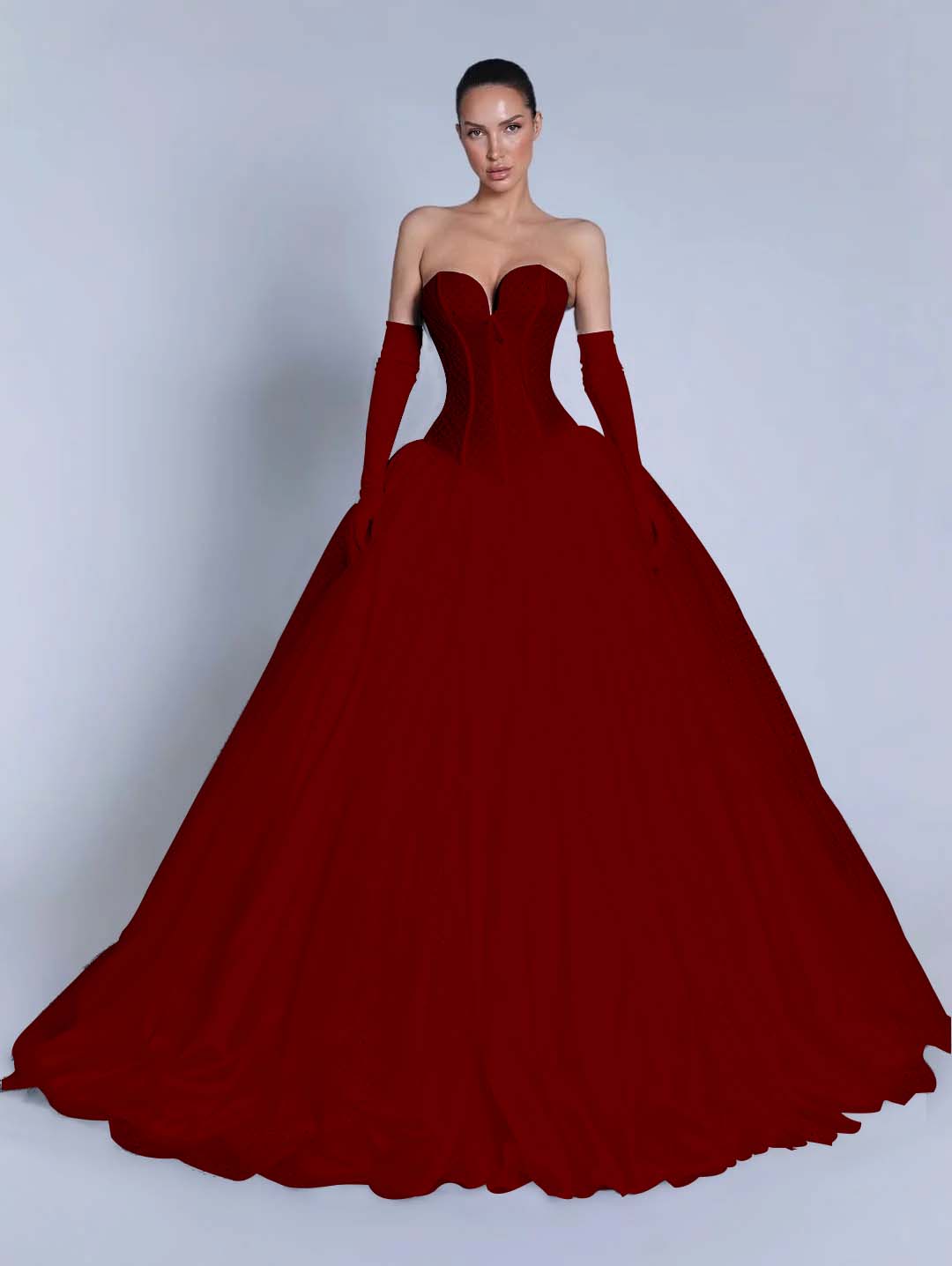 Tulle Sweetheart Strapless Sleeveless Long A-Line Prom Dress With Bow And Gloves YK0721