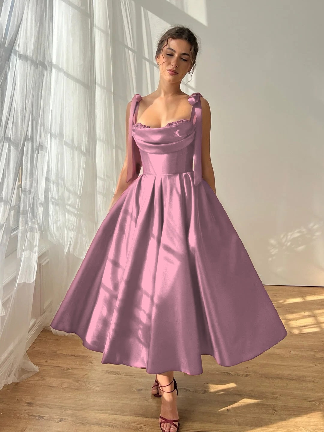 Satin Strapless Spaghetti Straps Sleeveless Pleated A-Line Prom Dress With Pleated And Bows YK0612