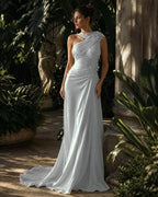 Cocoslly One Shoulder Sleeveless High Waist Long Prom Dress With Rhinstone | Green Chiffon LX0087