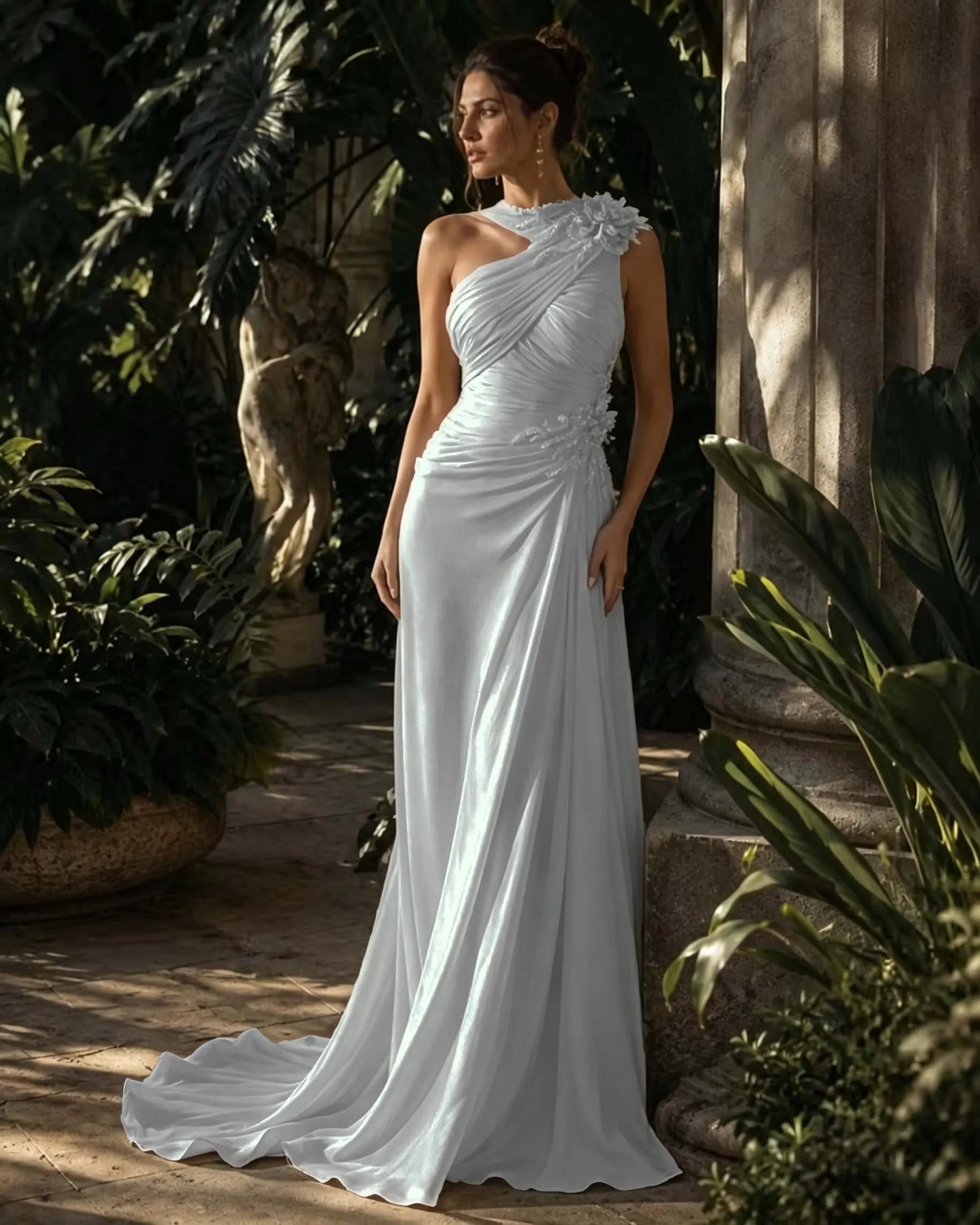 Cocoslly One Shoulder Sleeveless High Waist Long Prom Dress With Rhinstone | Green Chiffon LX0087