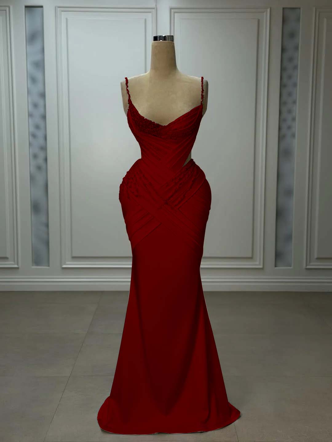 Satin V-Neck Spaghetti Straps Strapless Sleeveless Long Mermaid Prom Dress With Pleated And Beadings YK0743